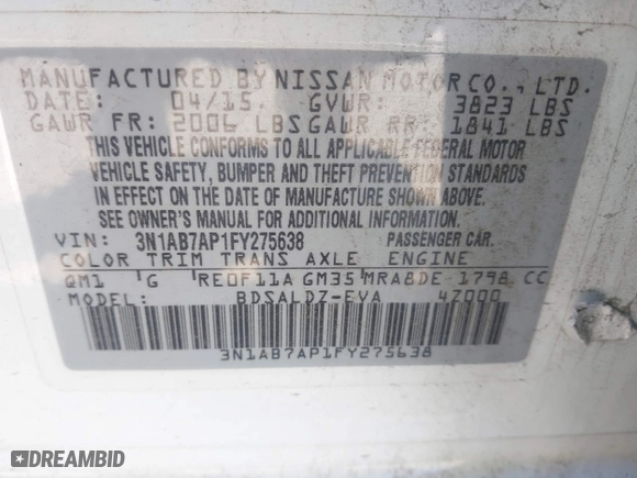 2015 Nissan Sentra S with VIN 3N1AB7AP1FY275638, listed as a IAAI auction lot 42013524 with 75,312 mi miles. Bid and sale history available at carsss.com. Image 9.