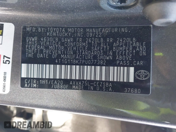 2023 Toyota Camry SE z VIN 4T1G11BK7PU077382, wystawiony jako IAAI lot #41785765 z przebiegiem 34 953 mil mil oraz . Historia ofert i sprzedaży dostępna na DreamBid. Obrazek 9.