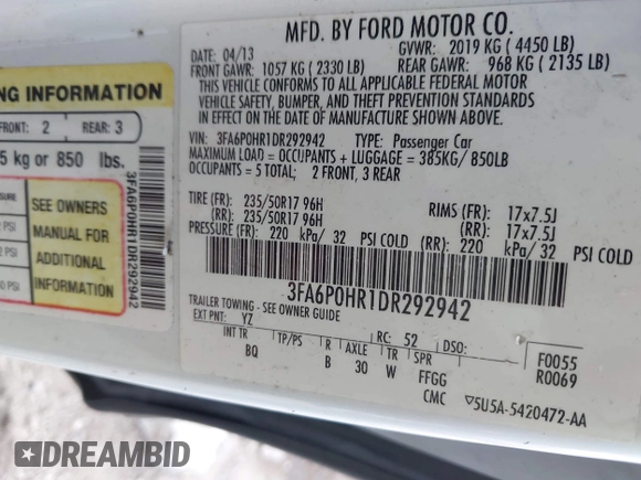 2013 Ford Fusion SE with VIN 3FA6P0HR1DR292942, listed as a IAAI auction lot 42806320 with 203,448 mi miles and . Bid and sale history available at DreamBid. Image 9.