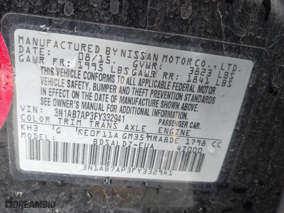 2015 Nissan Sentra SR with VIN 3N1AB7AP3FY332941, listed as a IAAI auction lot 41805230 with 66,573 mi miles. Bid and sale history available at carsss.com. Image 9.