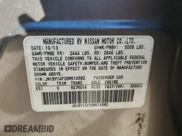 2013 Infiniti M37 with VIN JN1BY1AP2DM514582, listed as a Copart auction lot 79767384 with 81,825 mi miles and Salvage Title. Bid and sale history available at carsss.com. Image 12.