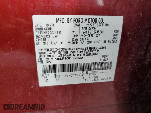 2016 Lincoln MKX Reserve with VIN 2LMPJ8LP1GBL63239, listed as a Copart auction lot 51192175 with 134,969 mi miles and Salvage Title. Bid and sale history available at DreamBid. Image 13.