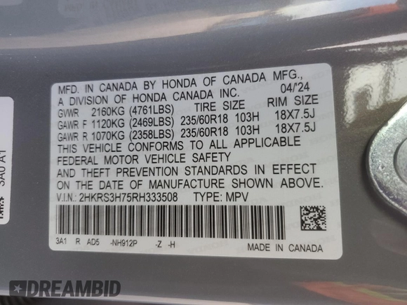 2024 Honda CR-V EX-L with VIN 2HKRS3H75RH333508, listed as a Copart auction lot 43202895 with 15,752 mi miles and Salvage Title. Bid and sale history available at DreamBid. Image 15.