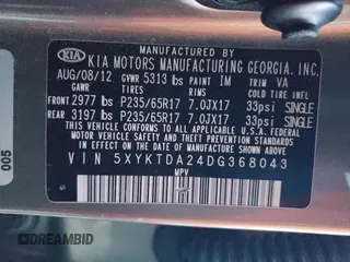2013 Kia Sorento LX with VIN 5XYKTDA24DG368043, listed as a Copart auction lot 42010575 with 160,825 mi miles and Salvage Title. Bid and sale history available at carsss.com. Image 15.