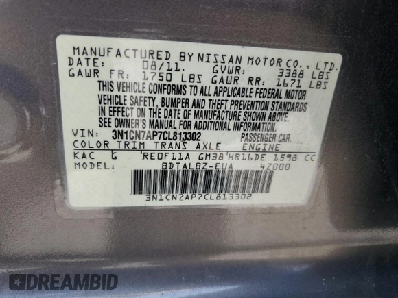 2012 Nissan Versa SV z VIN 3N1CN7AP7CL813302, wystawiony jako Copart lot #59006225 z przebiegiem 156 632 mil mil oraz Szkoda całkowita • Salvage title. Historia ofert i sprzedaży dostępna na DreamBid. Obrazek 13.