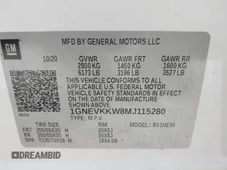 2021 Chevrolet Traverse Premier with VIN 1GNEVKKW8MJ115280, listed as a IAAI auction lot 41729621 with 43,354 mi miles. Bid and sale history available at carsss.com. Image 9.