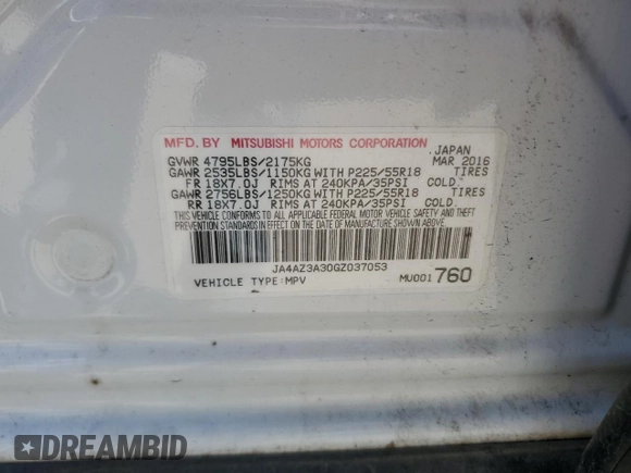 2016 Mitsubishi Outlander SE with VIN JA4AZ3A30GZ037053, listed as a Copart auction lot 57174405 with 105,621 mi miles and Salvage title. Bid and sale history available at DreamBid. Image 13.