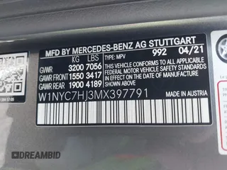 2021 Mercedes-Benz G with VIN W1NYC7HJ3MX397791, listed as a IAAI auction lot 41626196 with 4,165 mi miles. Bid and sale history available at carsss.com. Image 9.