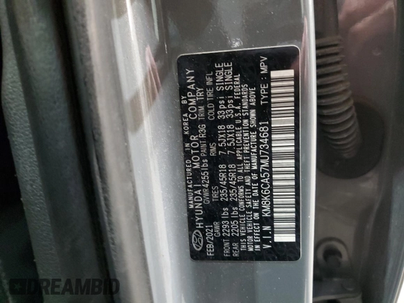 2021 Hyundai Kona Night Edition with VIN KM8K6CA57MU734681, listed as a Copart auction lot 45294135 with 92,794 mi miles and Salvage Title. Bid and sale history available at DreamBid. Image 13.