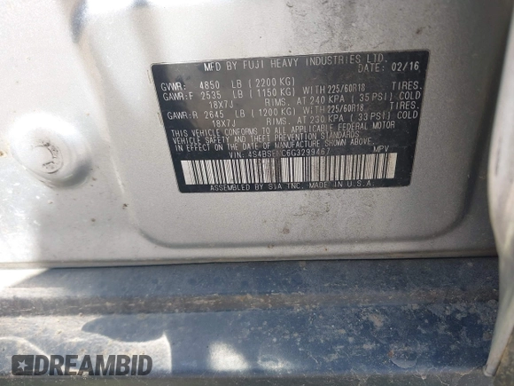 2016 Subaru Outback Limited с VIN 4S4BSENC6G3299467, выставлен на аукционе IAAI как лот 42059729 с пробегом 93 567 миль миль и . История ставок и продаж доступна на DreamBid. Изображение 9.