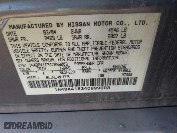 2004 Nissan Maxima SE with VIN 1N4BA41E34C899003, listed as a IAAI auction lot 41951346 with 186,746 mi miles and . Bid and sale history available at DreamBid. Image 9.