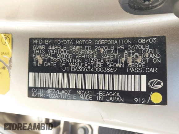 2004 Lexus ES 330 with VIN JTHBA30G340003869, listed as a IAAI auction lot 42024907 with 240,425 mi miles. Bid and sale history available at carsss.com. Image 9.