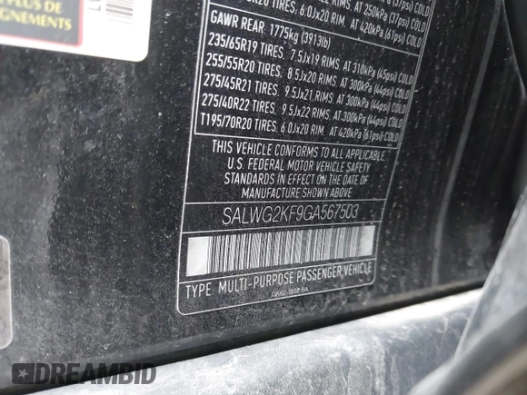 2016 Land Rover Range Rover Sport SE with VIN SALWG2KF9GA567503, listed as a IAAI auction lot 42156794 with 64,472 mi miles and . Bid and sale history available at DreamBid. Image 9.