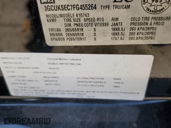 2015 Chevrolet Silverado 1500 LTZ with VIN 3GCUKSEC7FG455264, listed as a Copart auction lot 69052444 with 70,647 mi miles and Salvage Title. Bid and sale history available at carsss.com. Image 12.