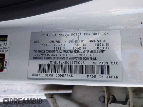 2012 Mazda 3 Mazdaspeed3 Touring with VIN JM1BL1L40C1675043, listed as a IAAI auction lot 41376500 with 101,244 mi miles and . Bid and sale history available at DreamBid. Image 9.