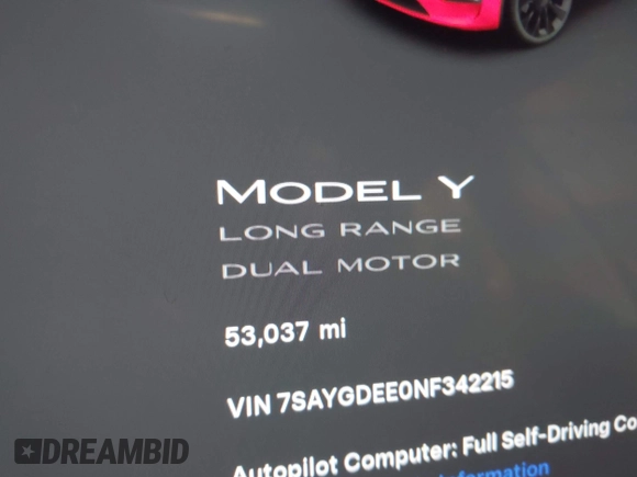 2022 Tesla Model Y Long Range z VIN 7SAYGDEE0NF342215, wystawiony jako IAAI lot #42136858 z przebiegiem 53 037 mil mil oraz . Historia ofert i sprzedaży dostępna na DreamBid. Obrazek 14.