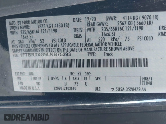 2020 Ford Transit Cargo with VIN 1FTBR3XG9LKB75293, listed as a IAAI auction lot 41657375 with 104,280 mi miles and . Bid and sale history available at DreamBid. Image 9.