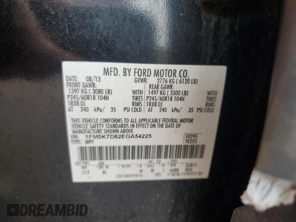2014 Ford Explorer XLT with VIN 1FM5K7D82EGA54225, listed as a Copart auction lot 56227785 with 220,809 mi miles and Clean title. Bid and sale history available at DreamBid. Image 13.