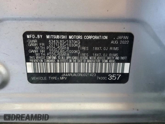 2022 Mitsubishi Outlander ES with VIN JA4ARUAU3NU021423, listed as a Copart auction lot 51933915 with 57,498 mi miles and Salvage title. Bid and sale history available at DreamBid. Image 13.