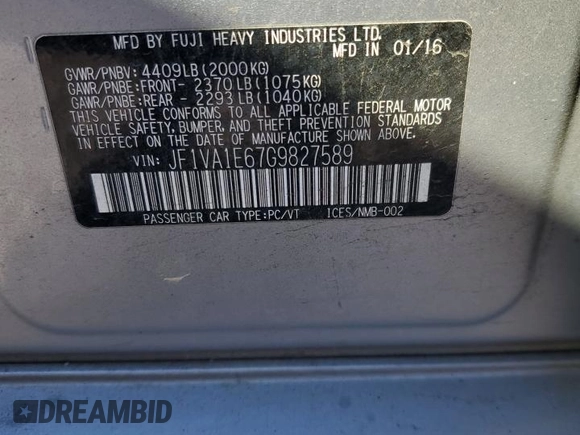 2016 Subaru WRX Premium with VIN JF1VA1E67G9827589, listed as a Copart auction lot 45977345 with 90,422 mi miles and Salvage Title. Bid and sale history available at DreamBid. Image 12.