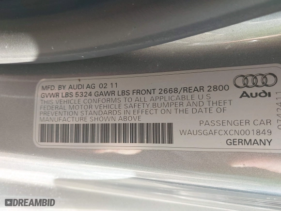 2012 Audi A7 3.0 Prestige with VIN WAUSGAFCXCN001849, listed as a IAAI auction lot 41712682 with 102,833 mi miles. Bid and sale history available at carsss.com. Image 9.