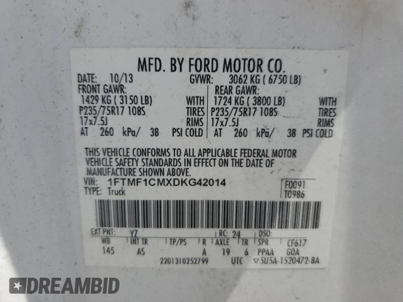 2013 Ford F-150 XL с VIN 1FTMF1CMXDKG42014, выставлен на аукционе Copart как лот 62140115 с пробегом 243 314 миль миль и Чистый • Clean title. История ставок и продаж доступна на DreamBid. Изображение 12.