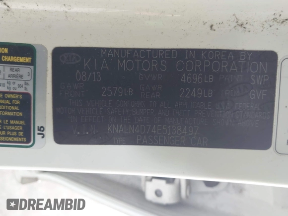 2014 Kia Cadenza Premium with VIN KNALN4D74E5138497, listed as a IAAI auction lot 41678439 with 155,194 mi miles. Bid and sale history available at carsss.com. Image 9.