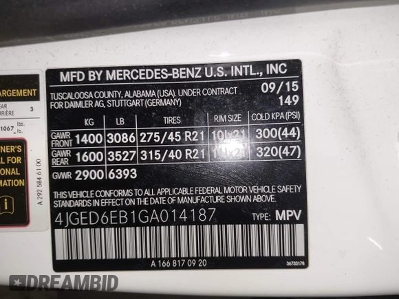 2016 Mercedes-Benz GLE 450 AMG with VIN 4JGED6EB1GA014187, listed as a IAAI auction lot 42341895 with 123,179 mi miles and . Bid and sale history available at DreamBid. Image 9.