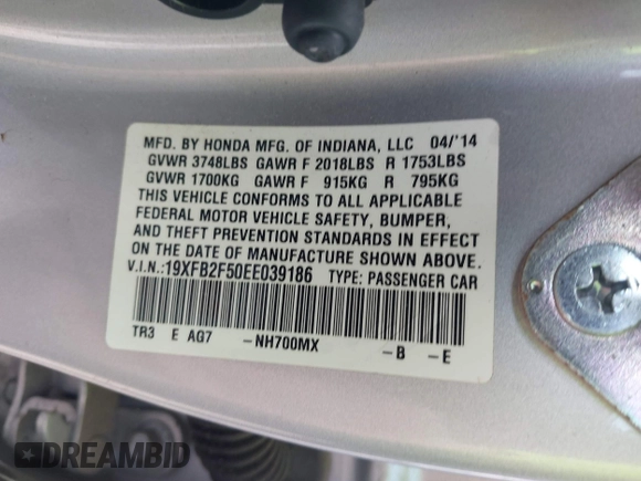 2014 Honda Civic Sedan LX with VIN 19XFB2F50EE039186, listed as a IAAI auction lot 41822494 with 116,499 mi miles. Bid and sale history available at carsss.com. Image 9.