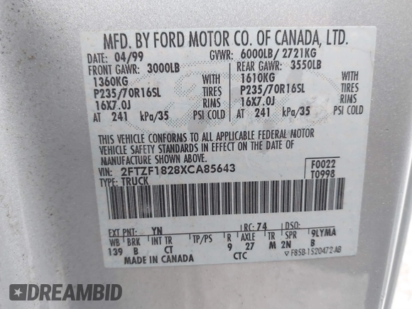 1999 Ford F-150 with VIN 2FTZF1828XCA85643, listed as a IAAI auction lot 41347113 with 173,813 mi miles and . Bid and sale history available at DreamBid. Image 9.