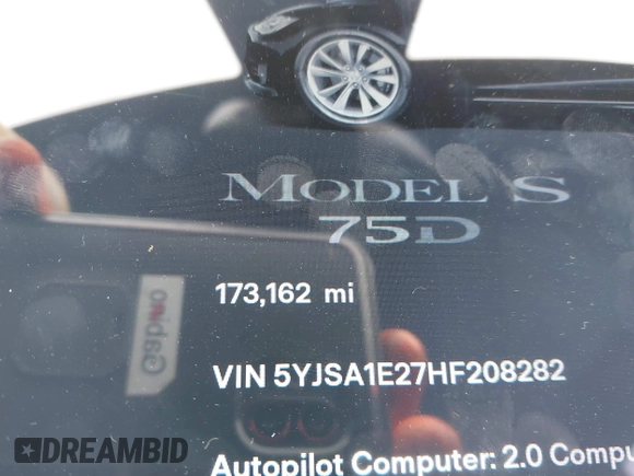2017 Tesla Model S 100D z VIN 5YJSA1E27HF208282, wystawiony jako IAAI lot #41362736 z przebiegiem 173 162 mil mil oraz . Historia ofert i sprzedaży dostępna na DreamBid. Obrazek 7.