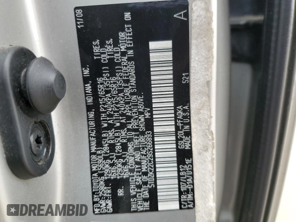2009 Toyota Sienna XLE with VIN 5TDZK22C29S266893, listed as a Copart auction lot 50829555 with Not provided miles and Salvage title. Bid and sale history available at DreamBid. Image 16.