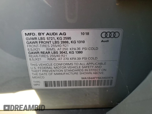 2019 Audi SQ5 Premium Plus with VIN WA1B4AFY5K2002974, listed as a Copart auction lot 36189633 with 27,979 mi miles. Bid and sale history available at carsss.com. Image 13.