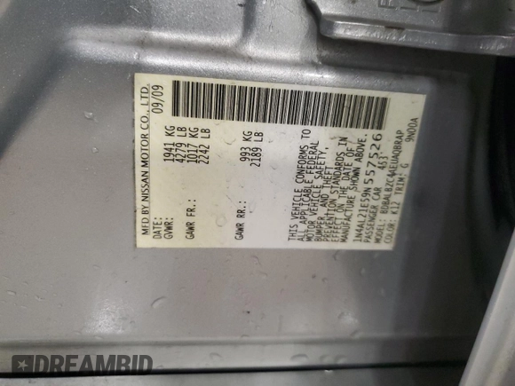 2009 Nissan Altima SL with VIN 1N4AL21E59N557526, listed as a Copart auction lot 55158185 with 134,725 mi miles and Non Repairable. Bid and sale history available at DreamBid. Image 12.