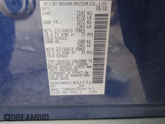 2018 Nissan Rogue SV z VIN 5N1AT2MV8JC852721, wystawiony jako Copart lot #58755385 z przebiegiem 69 454 mil mil oraz Szkoda całkowita • Salvage title. Historia ofert i sprzedaży dostępna na DreamBid. Obrazek 13.