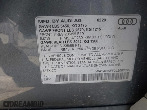 2020 Audi Q5 Premium with VIN WA1ANAFY2L2067095, listed as a IAAI auction lot 41929682 with 56,780 mi miles and . Bid and sale history available at DreamBid. Image 9.