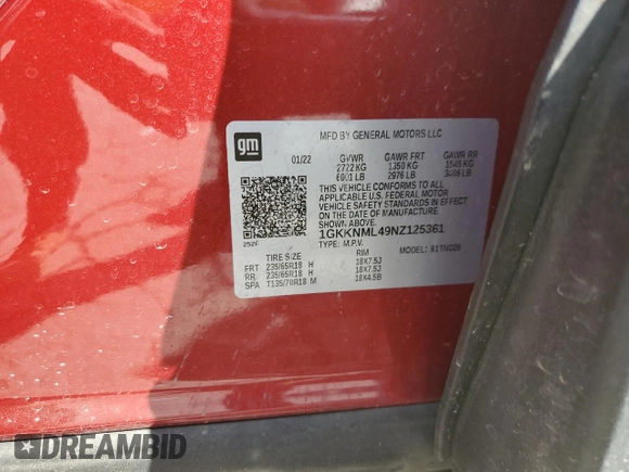 2022 GMC Acadia SLT with VIN 1GKKNML49NZ125361, listed as a Copart auction lot 57351185 with 36,140 mi miles and Salvage title. Bid and sale history available at DreamBid. Image 13.