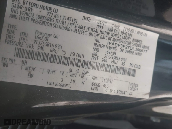 2013 Ford Focus SE with VIN 1FADP3F27DL306677, listed as a IAAI auction lot 42495368 with 96,451 mi miles and . Bid and sale history available at DreamBid. Image 9.
