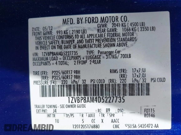 2013 Ford Mustang V6 with VIN 1ZVBP8AM4D5227735, listed as a IAAI auction lot 42395404 with 133,488 mi miles and . Bid and sale history available at DreamBid. Image 9.