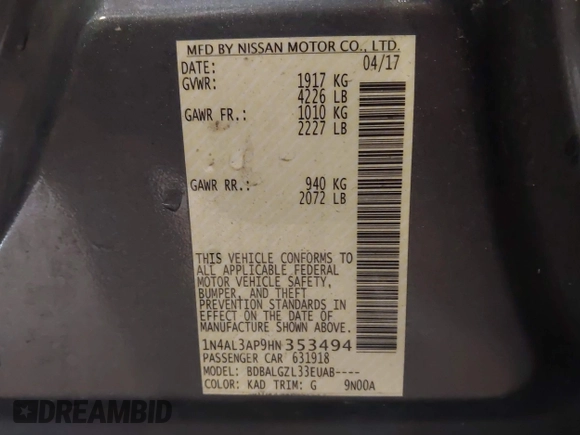 2017 Nissan Altima S with VIN 1N4AL3AP9HN353494, listed as a IAAI auction lot 42463435 with 140,730 mi miles and . Bid and sale history available at DreamBid. Image 9.