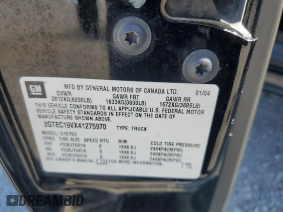2004 GMC Sierra 1500 SLE with VIN 2GTEC19VX41275970, listed as a Copart auction lot 50577575 with 178,442 mi miles and Salvage Title. Bid and sale history available at DreamBid. Image 14.