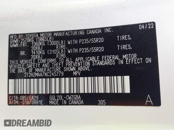 2022 Lexus RX 350 with VIN 2T2HZMAA7NC245779, listed as a IAAI auction lot 41784965 with 34,369 mi miles and . Bid and sale history available at DreamBid. Image 9.