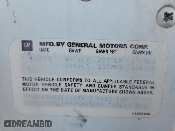 1979 Buick Regal with VIN 4M47H9Z104374, listed as a Copart auction lot 75039904 with 85,162 mi miles and Salvage Title. Bid and sale history available at DreamBid. Image 14.