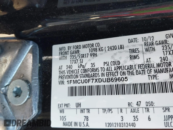 2013 Ford Escape S with VIN 1FMCU0F7XDUB69605, listed as a IAAI auction lot 41751795 with 69,621 mi miles. Bid and sale history available at carsss.com. Image 9.