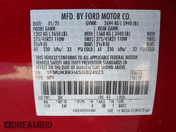 2025 Ford Explorer ST-Line with VIN 1FMUK8KH4SGB24923, listed as a IAAI auction lot 41763567 with 854 mi miles. Bid and sale history available at carsss.com. Image 9.