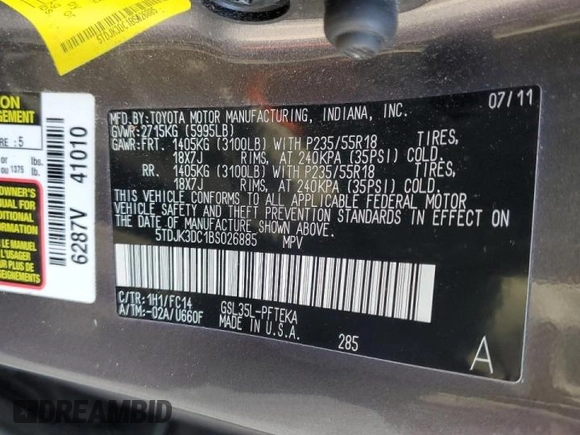 2011 Toyota Sienna LE with VIN 5TDJK3DC1BS026885, listed as a Copart auction lot 41951215 with 56,239 mi miles and Clean Title. Bid and sale history available at carsss.com. Image 13.