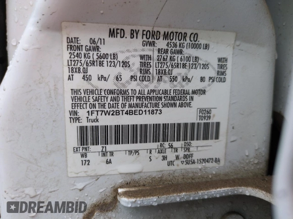 2011 Ford F-250 XL with VIN 1FT7W2BT4BED11873, listed as a Copart auction lot 51128315 with 312,318 mi miles and Salvage title. Bid and sale history available at DreamBid. Image 12.