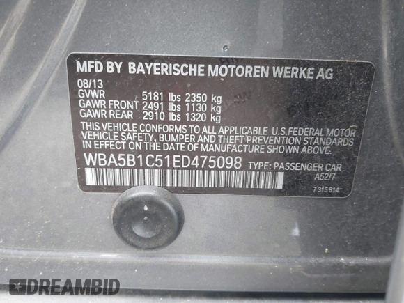 2014 BMW 5 Series 535i with VIN WBA5B1C51ED475098, listed as a IAAI auction lot 41517762 with 102,611 mi miles and . Bid and sale history available at carsss.com. Image 9.