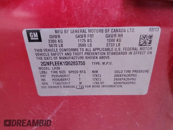 2013 Chevrolet Equinox LT with VIN 2GNFLEEK1D6283750, listed as a Copart auction lot 52260215 with 54,959 mi miles and Salvage Title. Bid and sale history available at DreamBid. Image 15.
