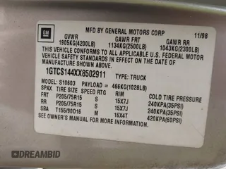 1999 GMC Sonoma with VIN 1GTCS144XX8502911, listed as a IAAI auction lot 41160683 with 119,776 mi miles. Bid and sale history available at carsss.com. Image 9.